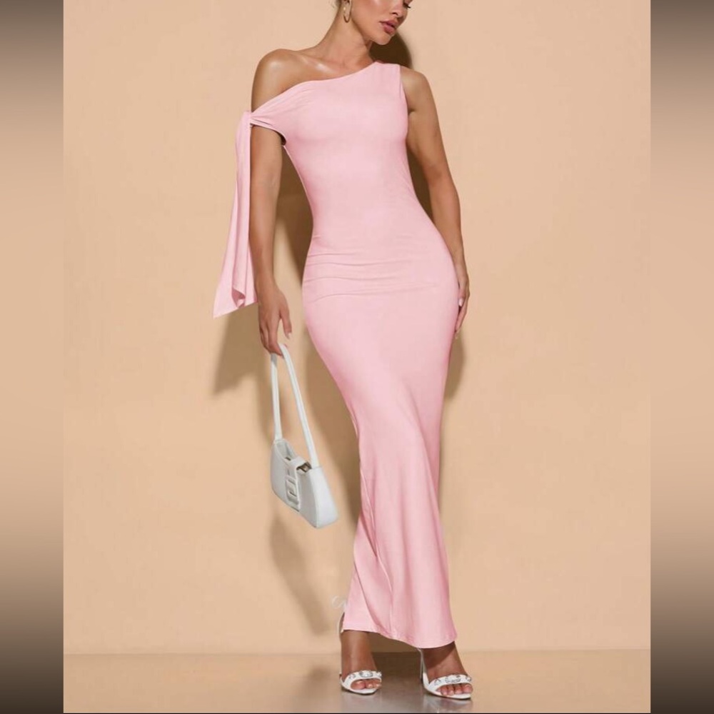 One-Shoulder Pink Maxi Dress with Tie Sleeve